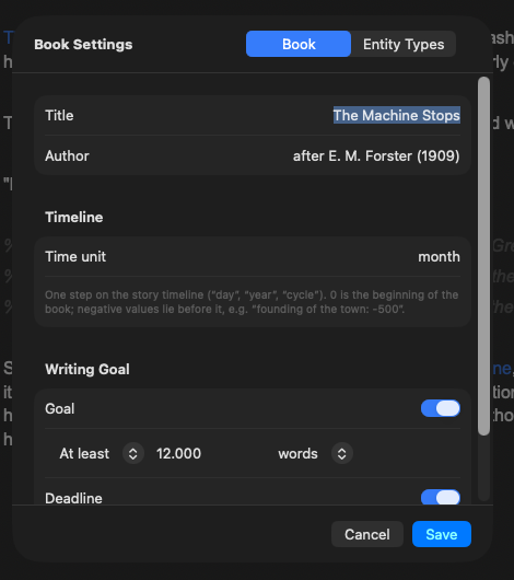 Book Settings: title and author, the timeline's unit, and the writing goal