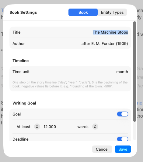 Book Settings: title and author, the timeline's unit, and the writing goal