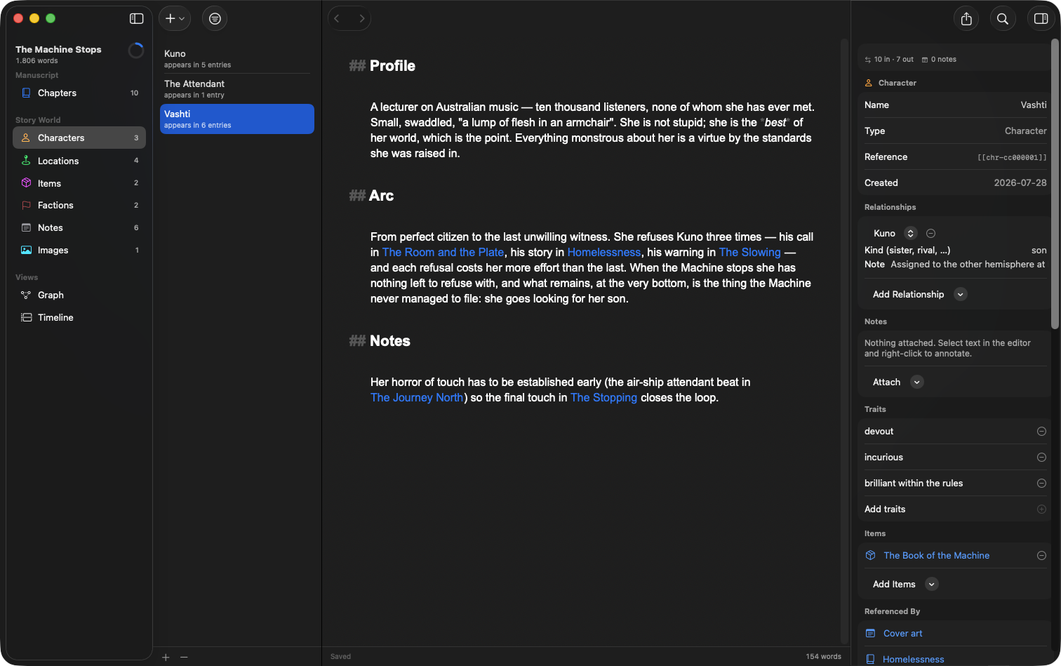 A character with relationships, traits, and items in the inspector
