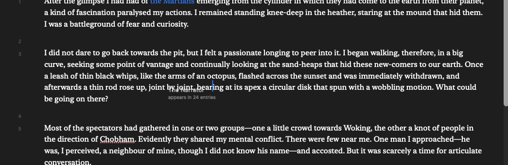 A character dragged from the list over the text, with the insertion cursor showing where it will land