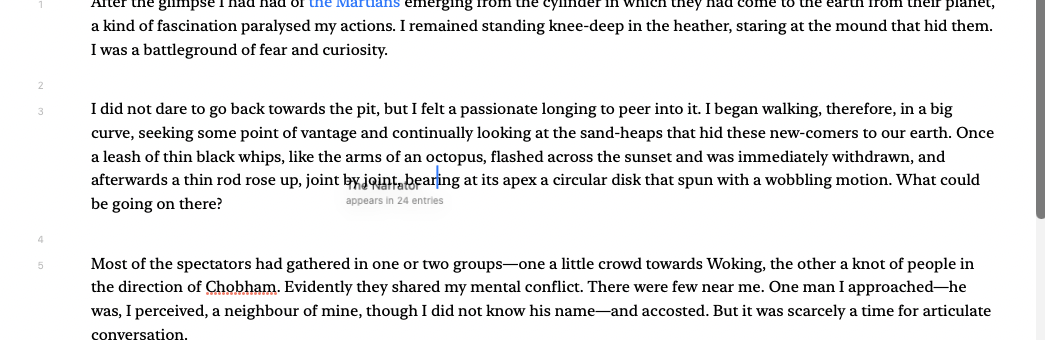 A character dragged from the list over the text, with the insertion cursor showing where it will land