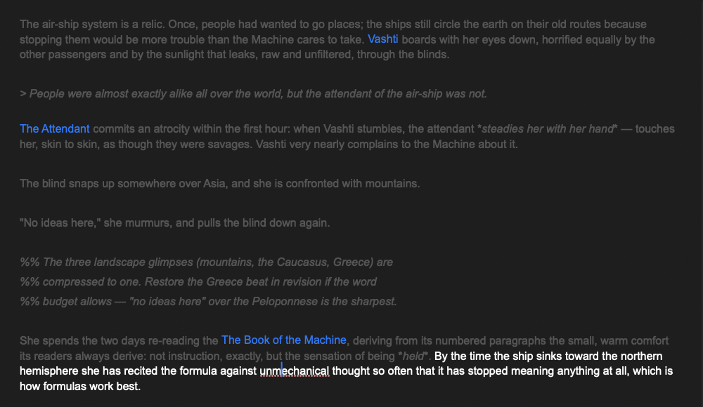 Sentence focus: the sentence at the cursor is dark, everything else dimmed
