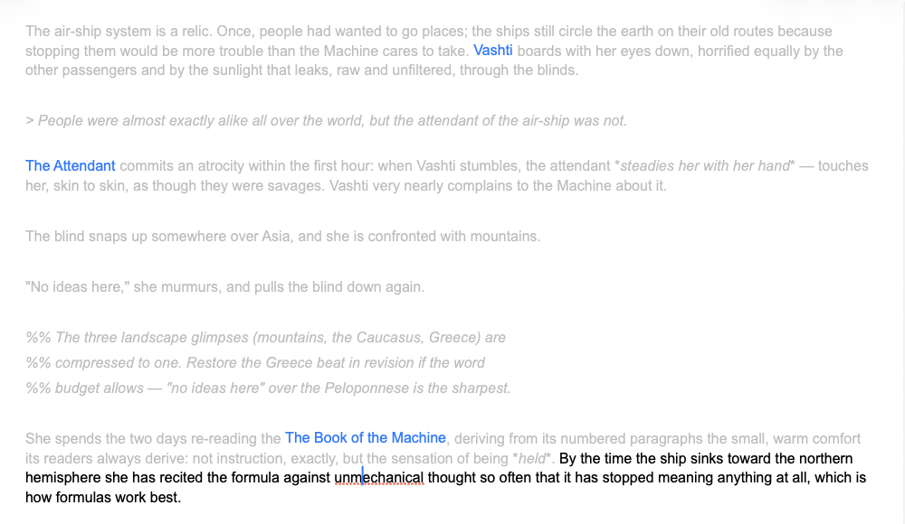 Sentence focus: the sentence at the cursor is dark, everything else dimmed