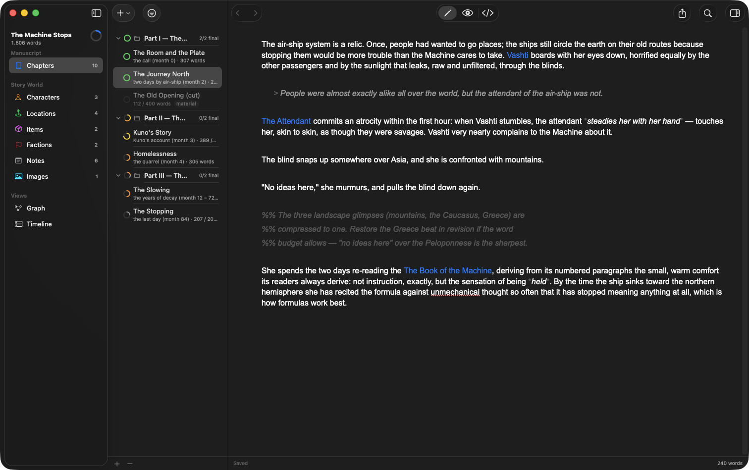 Hide Interface: a centered column of text and a floating word counter