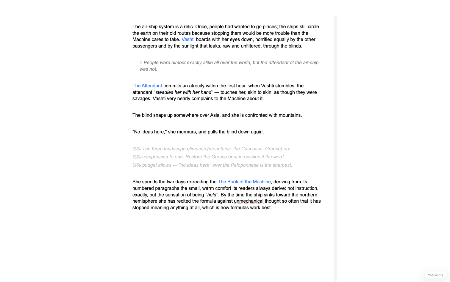 Hide Interface: a centered column of text and a floating word counter