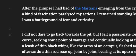 The line-number gutter beside wrapped paragraphs: only the first line of each paragraph is numbered