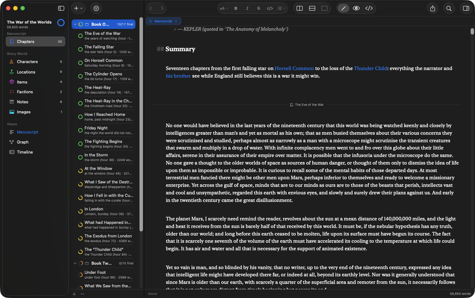 The Manuscript tab: a part's page and the first chapter, separated by a labeled divider