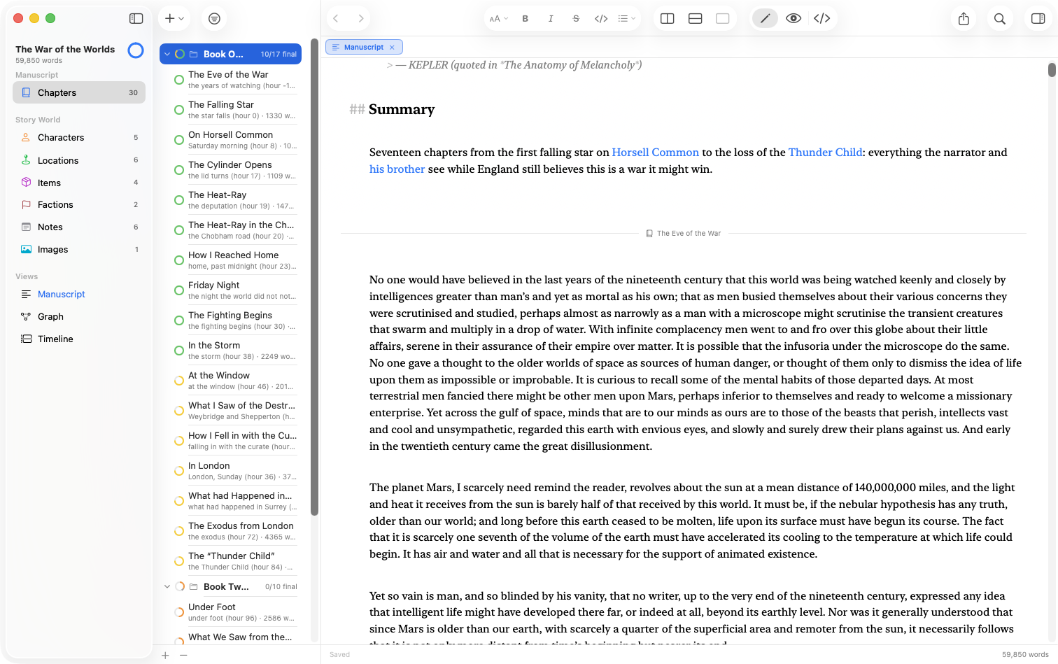 The Manuscript tab: a part's page and the first chapter, separated by a labeled divider