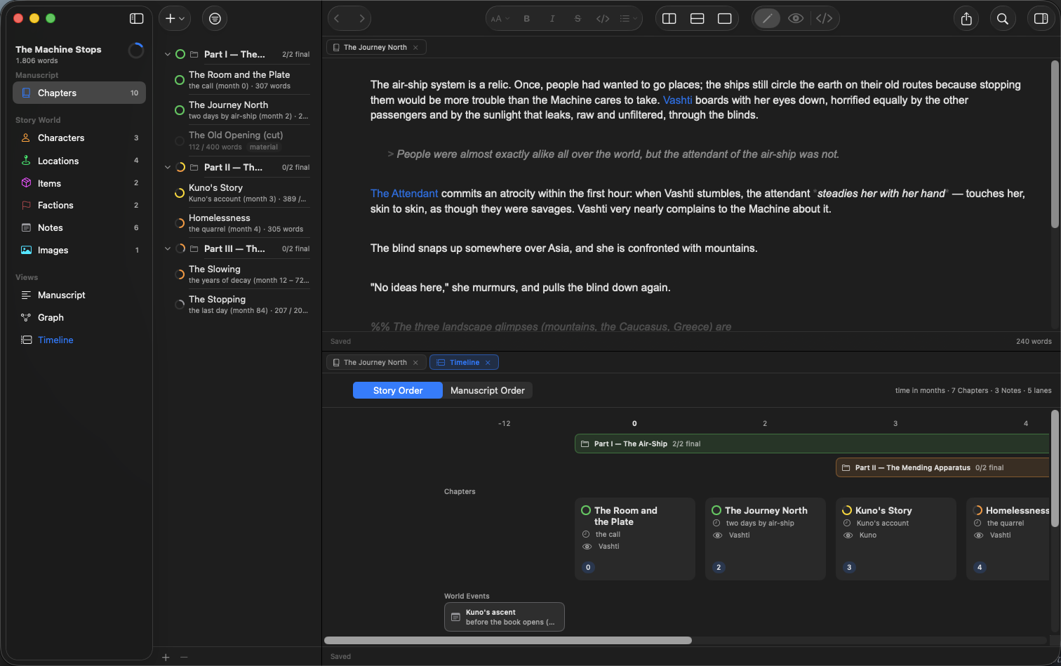 A chapter above the timeline, each in its own pane with its own tabs