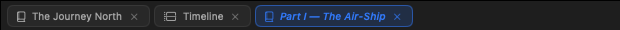 A pane's tabs: a chapter, the timeline, and an italic tab opened for a look