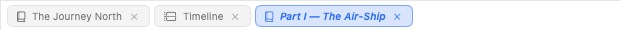 A pane's tabs: a chapter, the timeline, and an italic tab opened for a look