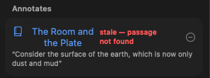 The Annotates section of a note, with a stale quoted passage