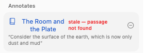 The Annotates section of a note, with a stale quoted passage