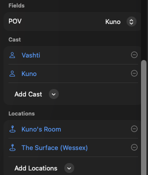 Multi-value field sections of a chapter: POV, Cast, Locations