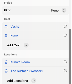 Multi-value field sections of a chapter: POV, Cast, Locations