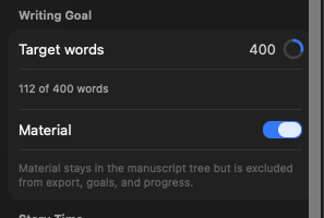 The Writing Goal section with a word target, progress ring, and Material toggle