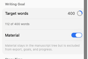 The Writing Goal section with a word target, progress ring, and Material toggle