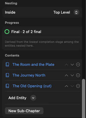 The Nesting picker, derived Progress, and Contents list of a part