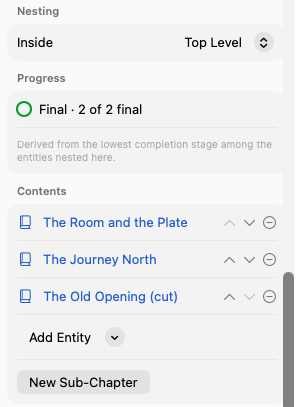 The Nesting picker, derived Progress, and Contents list of a part