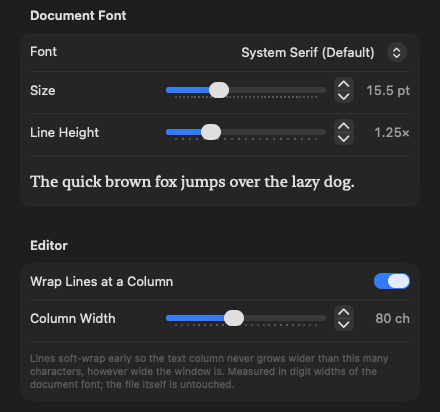 Settings → Editor: font, size, line height, and the wrap column