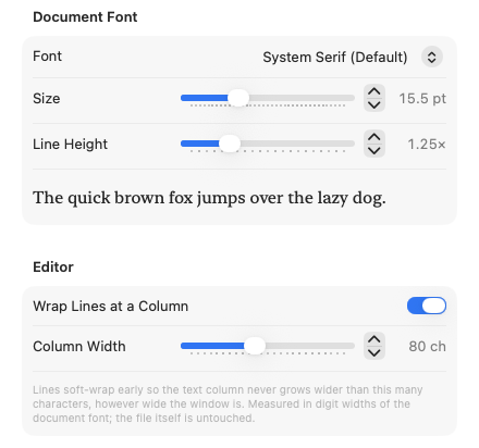Settings → Editor: font, size, line height, and the wrap column