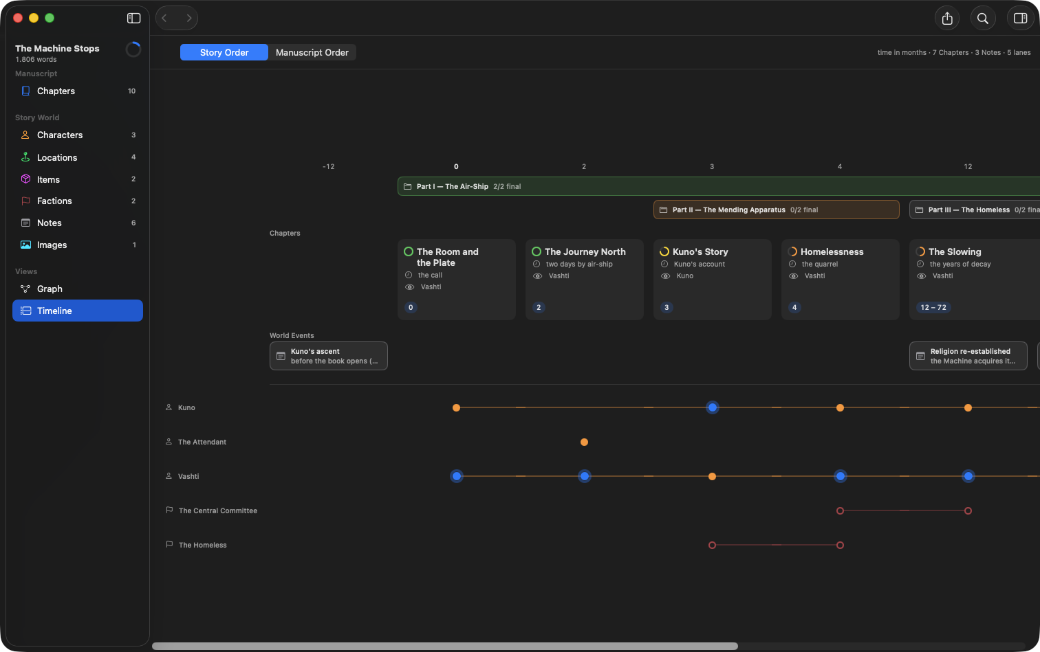 The timeline view of the example book