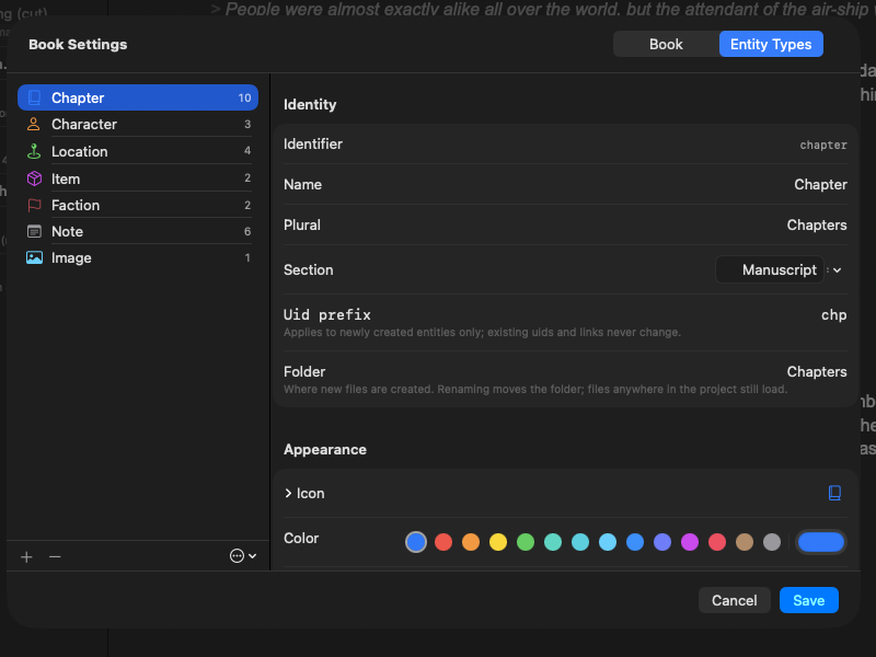 The type editor: the book's kinds on the left, the selected kind's settings on the right