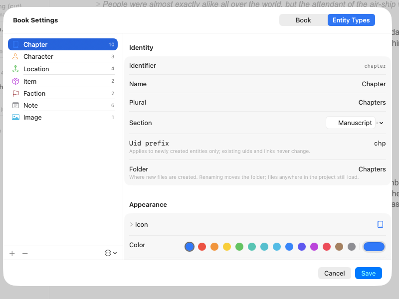 The type editor: the book's kinds on the left, the selected kind's settings on the right
