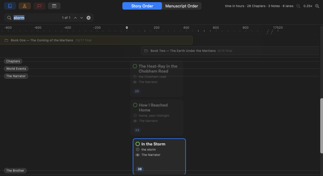 The timeline's search bar: a query, a match counter, and stepping chevrons