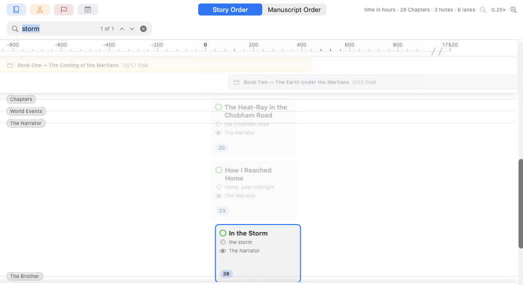 The timeline's search bar: a query, a match counter, and stepping chevrons